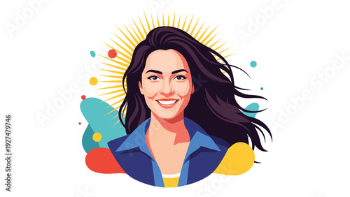 Beautiful portrait of a smiling, confident woman with flowing dark hair, set against a sunburst and colorful abstract shapes.