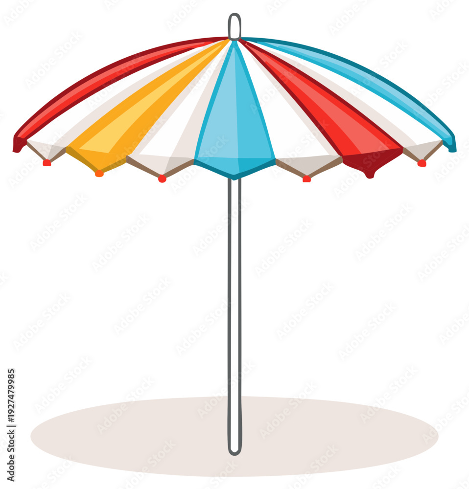 Fototapeta premium Colorful beach umbrella providing shade with striped panels and bright accents on a sandy surface