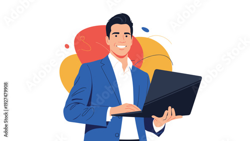 Confident and smiling young businessman in a blue suit holding a laptop, depicted in a modern flat style with abstract shapes.