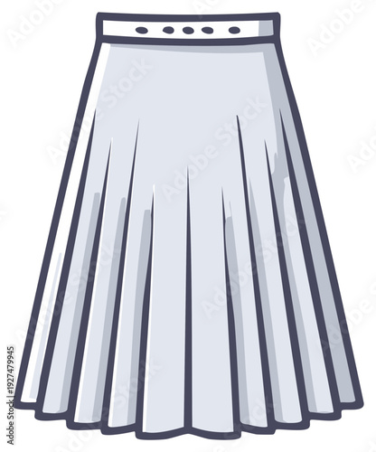 Light grey flared pleated skirt with a distinct waistband and decorative elements in a simple cartoon illustration.