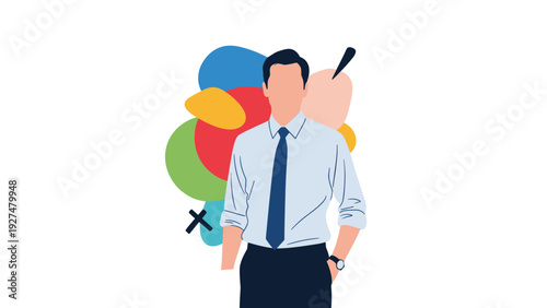 Abstract illustration of a faceless businessman in a shirt and tie, standing confidently against a backdrop of colorful organic shapes.