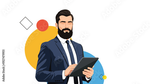 Professional bearded businessman in a dark suit and tie using a digital tablet, set against a background of colorful circles.