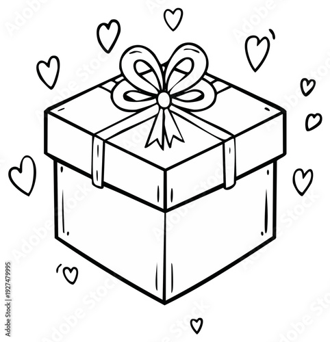 Gift box illustration with a bow and floating hearts for love and celebrations