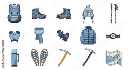 Camping Hiking Equipment Icons Set Illustration.