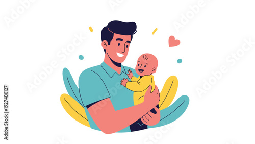 Joyful young father smiling and lovingly holding his happy baby, illustrating a tender moment of bonding and modern fatherhood.