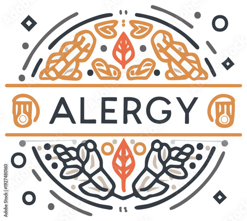 Illustration of the word Allergy in a stylized badge design with floral and medical elements.