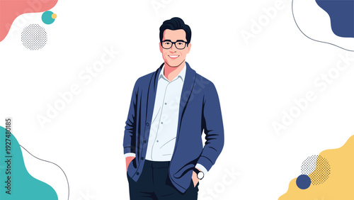 Portrait of a handsome, smiling young businessman with glasses standing confidently with his hands in his pockets on a white background.
