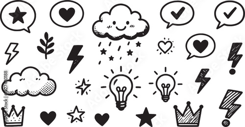 Playful Doodle Pattern Featuring Clouds, Stars, Hearts, and Lightening Bolts for Creative Projects or Fun Illustrations.
