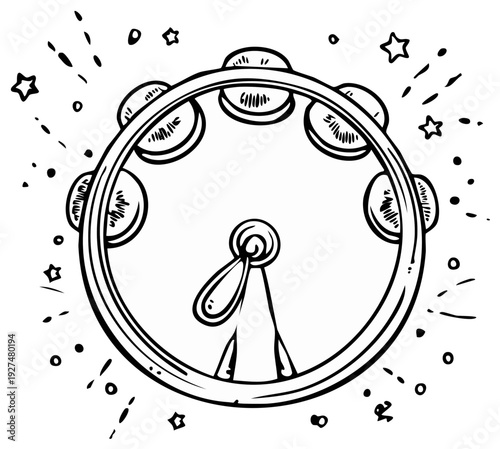 Illustration of a cartoon tambourine with shiny details and star accents.