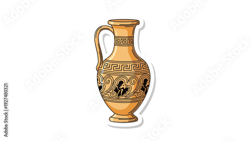 Detailed illustration of an ancient Greek amphora or vase with traditional black-figure patterns and a meander border design.