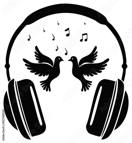Silhouettes of two doves with musical notes above, inside headphones