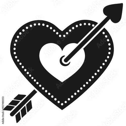 Black and white heart pierced by an arrow symbol