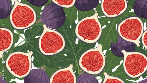 Abundant seamless pattern with juicy purple figs and green fig leaves, showing whole fruits and cross-sections on a white background.
