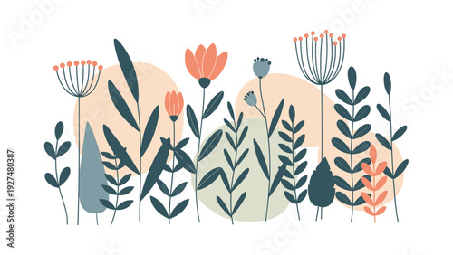 Charming arrangement of stylized wildflowers and leaves in muted tones, set against soft abstract shapes on a white background.