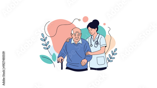 Compassionate female nurse or caregiver providing support to an elderly man with a cane, illustrating senior healthcare and assistance.