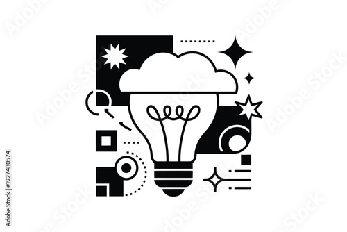 A lightbulb icon with a cloud and stars in a black and white illustration