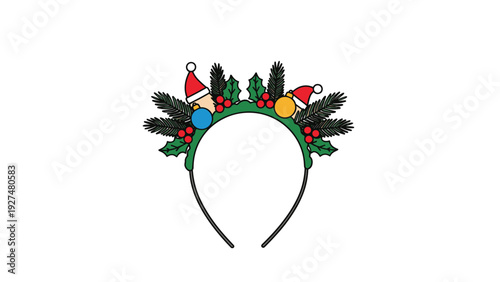 A festive Christmas headband decorated with miniature Santa hats, shiny baubles, red holly berries, and green pine sprigs, isolated on a clean white background.
