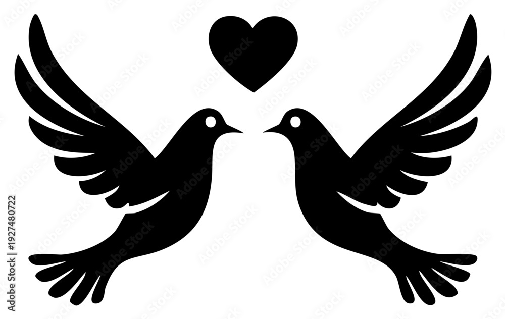 Obraz premium Stylized Birds in Flight with a Heart Symbol Representing Love and Peace in Elegant Black Silhouette