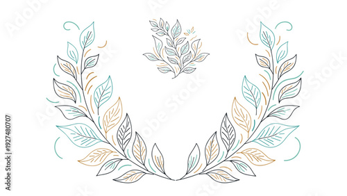 An elegant and delicate hand-drawn wreath made of leafy branches in teal, gold, and black outline style, perfect for invitations, logos, or decorative frames.