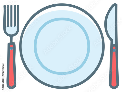 Stylized Dinner Setting Featuring an Empty Plate, Fork, and Knife Ready for a Meal Service