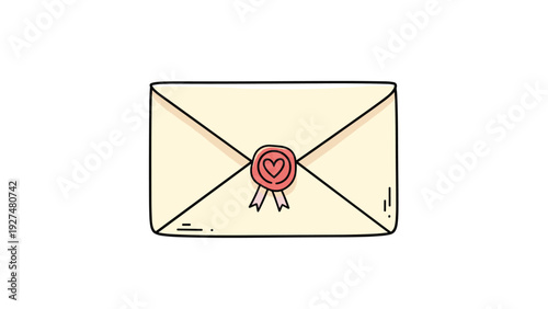 A charming hand-drawn illustration of a sealed envelope with a red wax stamp featuring a heart, symbolizing a love letter, invitation, or Valentine's Day mail.