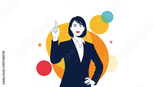 A confident businesswoman in a suit points her finger upwards, signaling a new idea or solution, set against a modern background with colorful abstract circles.