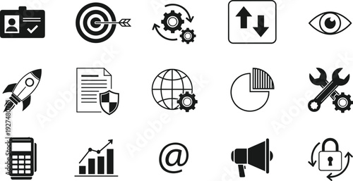 Black flat business icons set, management strategy success growth marketing finance analytics target rocket gear process exchange SEO tools vector illustration