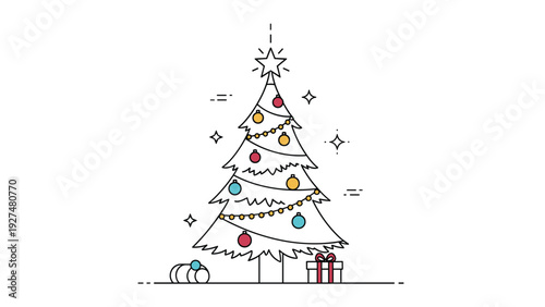 A minimalist line art illustration of a decorated Christmas tree with colorful baubles, a shining star topper, and gift boxes underneath on a clean white background.