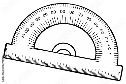 Drawing of a protractor with degree markings for measuring angles in geometry and education