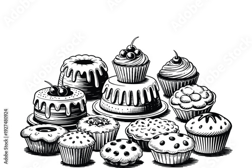 A cake illustration of various cupcakes and muffins in a black and white drawing