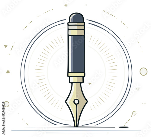 Illustration of a classic fountain pen with a decorative circular design element
