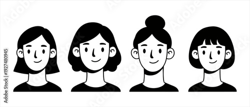 Diverse concept illustrations of young women's smiling faces in minimalist cartoon style