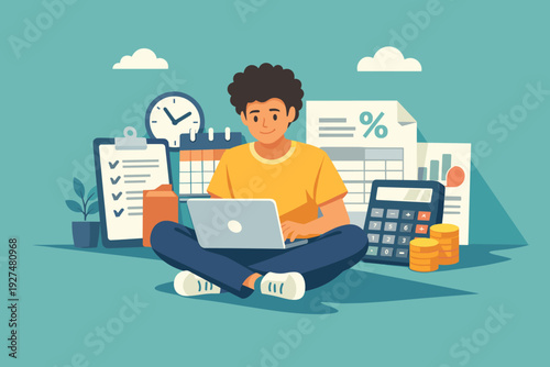 Online Tax Calculation With Laptop. Tax and Financial Digital Concept. Vector graphic illustration