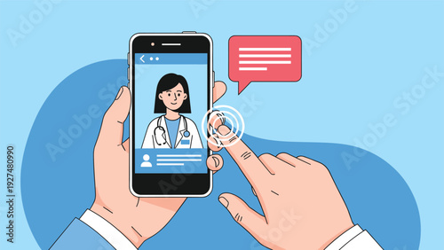 A person's hands holding a smartphone to start a video consultation with a female doctor, illustrating the concept of telehealth, online medicine, and virtual healthcare.