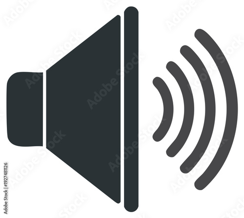 Dark gray loudspeaker with sound waves spreading outward, audio icon for volume