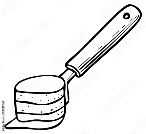 Pancake Stack on Spatula, Drizzled Syrup, Black and White Hand Drawn Outline Illustration