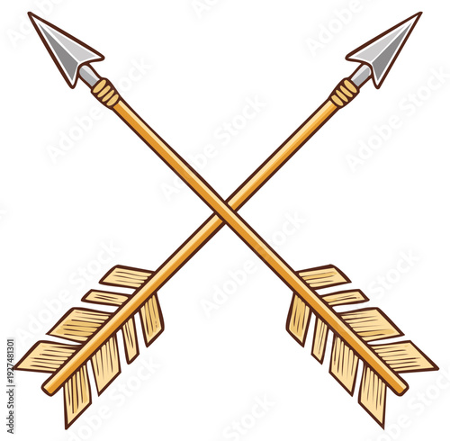 Two crossed cartoon arrows with wooden shafts and fletching, symbolizing combat or direction