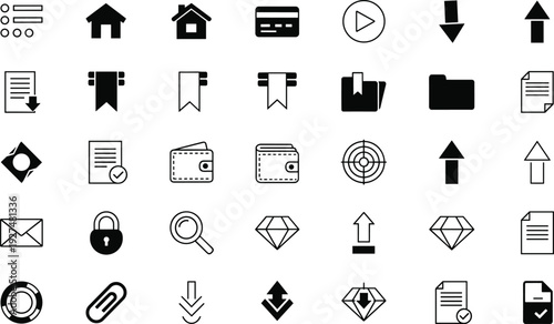 Black flat essential UI icons set, home credit card play button arrow bookmark folder document wallet target email lock search diamond vector illustration