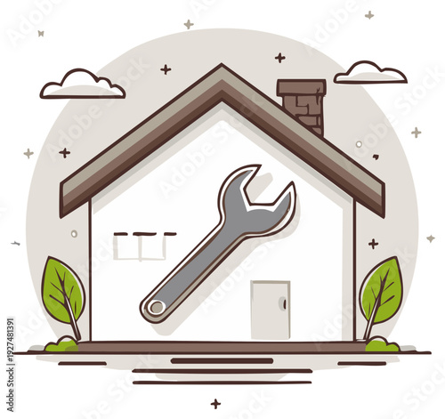 Home repair concept illustration: wrench inside of a house.