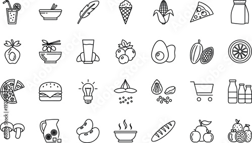 Black line art food icons set drinks snacks fruits vegetables pizza ice cream burger avocado corn mushroom cheese vector illustrations collection, outline doodle pack
