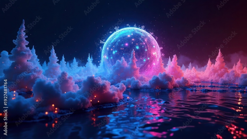 Obraz premium Glowing orb over surreal pink and blue forest landscape fantasy cosmic