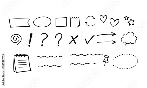 Collection of hand-drawn icons and symbols for graphic design and note-taking