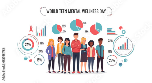 Teenagers of different ethnicities stand together for World Teen Mental Wellness Day with colorful infographic statistics.