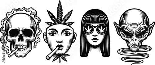 Skull, cannabis goddess, woman with leaf sunglasses and alien head, vintage engraved tattoo style illustration isolated on white background