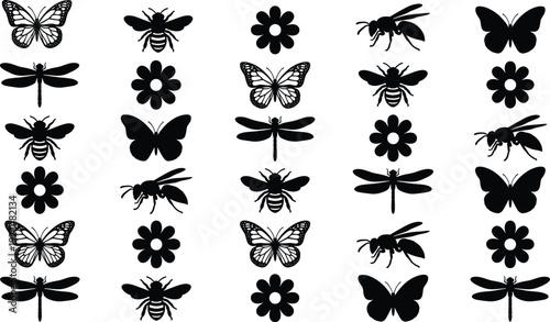 Black butterfly, bee, dragonfly, and flower silhouette set, summer insect icons for nature design, garden patterns, and spring floral decoration,