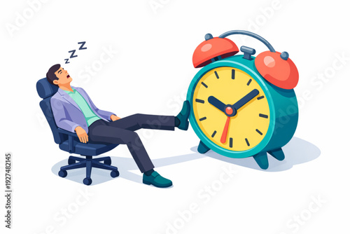 Man sleeping at office desk with giant alarm clock