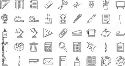Office and School Stationery Line Icons Set Including Pens Notebook Scissors Calculator Tools and Art Supplies for Education and Workplace Outline Vector Illustration