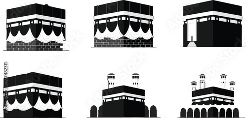Black and white vector illustration set of the holy Kaaba in Mecca from different angles for Hajj Umrah pilgrimage and Islamic religious designs