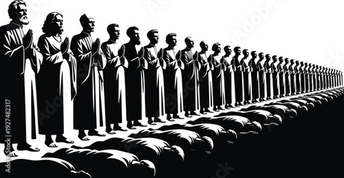 Black and white vector illustration of a long line of monks and religious figures standing in prayer while others prostrate for spiritual devotion designs
