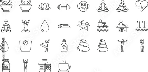 Black line icon set wellness health yoga meditation fitness herbal medicine sleep hydration massage balance relaxation spa icons vector illustration collection
